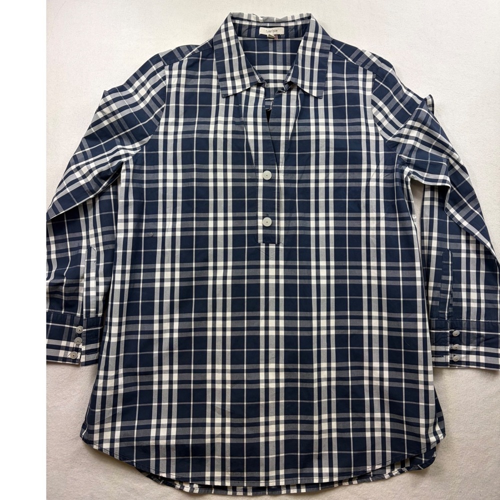 Tyler Boe Navy White Plaid Popover Tunic‎ Top Preppy Minimalist Cotton Medium